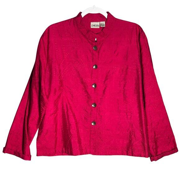 Chicos Sz 2 Medium 100% Silk Dark Pink Embroidered Jacket Mandarin Collar India - Picture 1 of 11